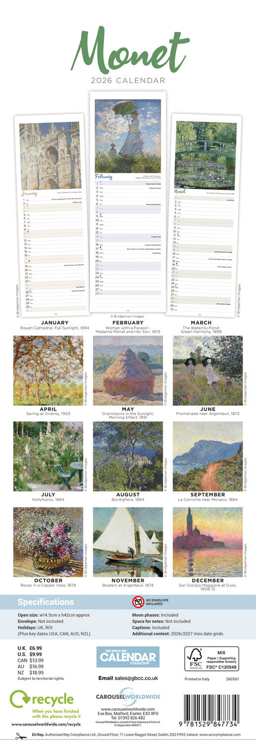 Monet, Claude Slim Calendar 2026
