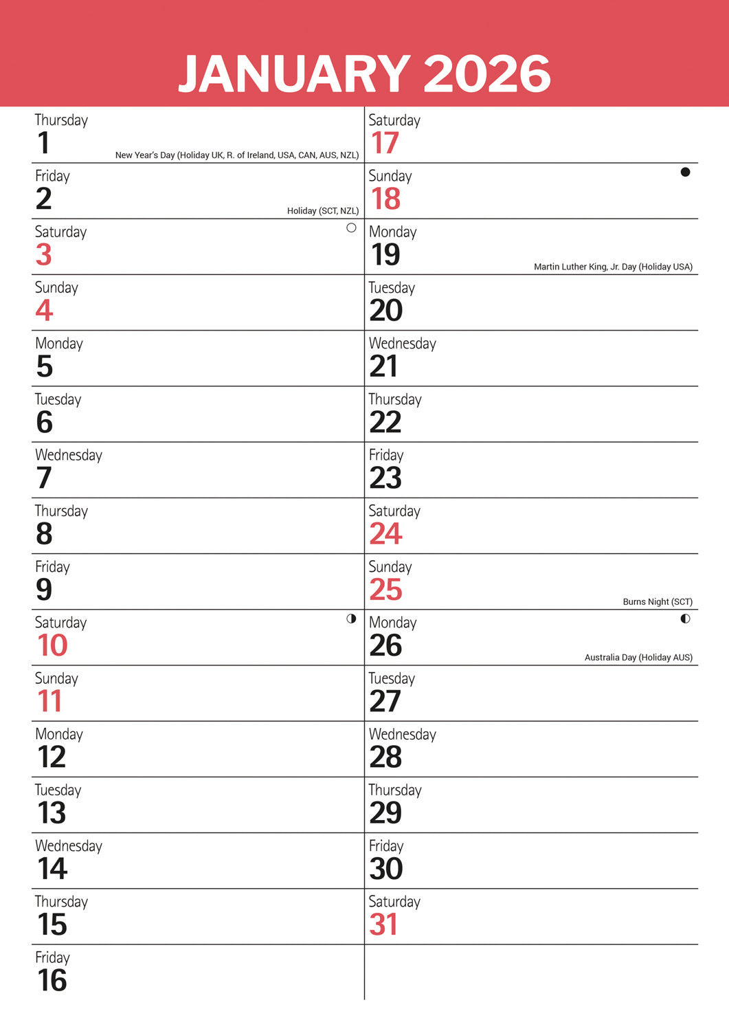 Red & Black Large Engagement Planner A3 Calendar 2026