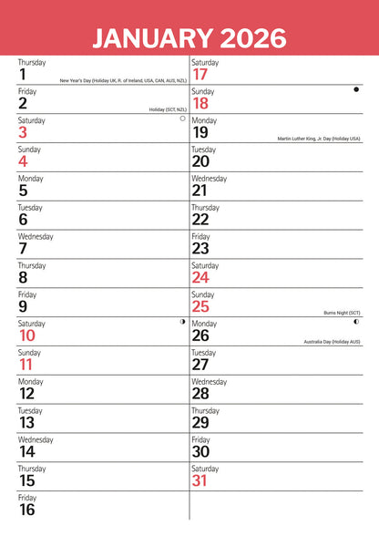 Red & Black Large Engagement Planner A3 Calendar 2026