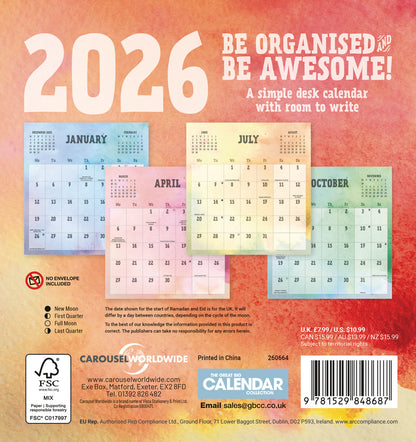 Be Organised and Be Awesome Easel Calendar 2026