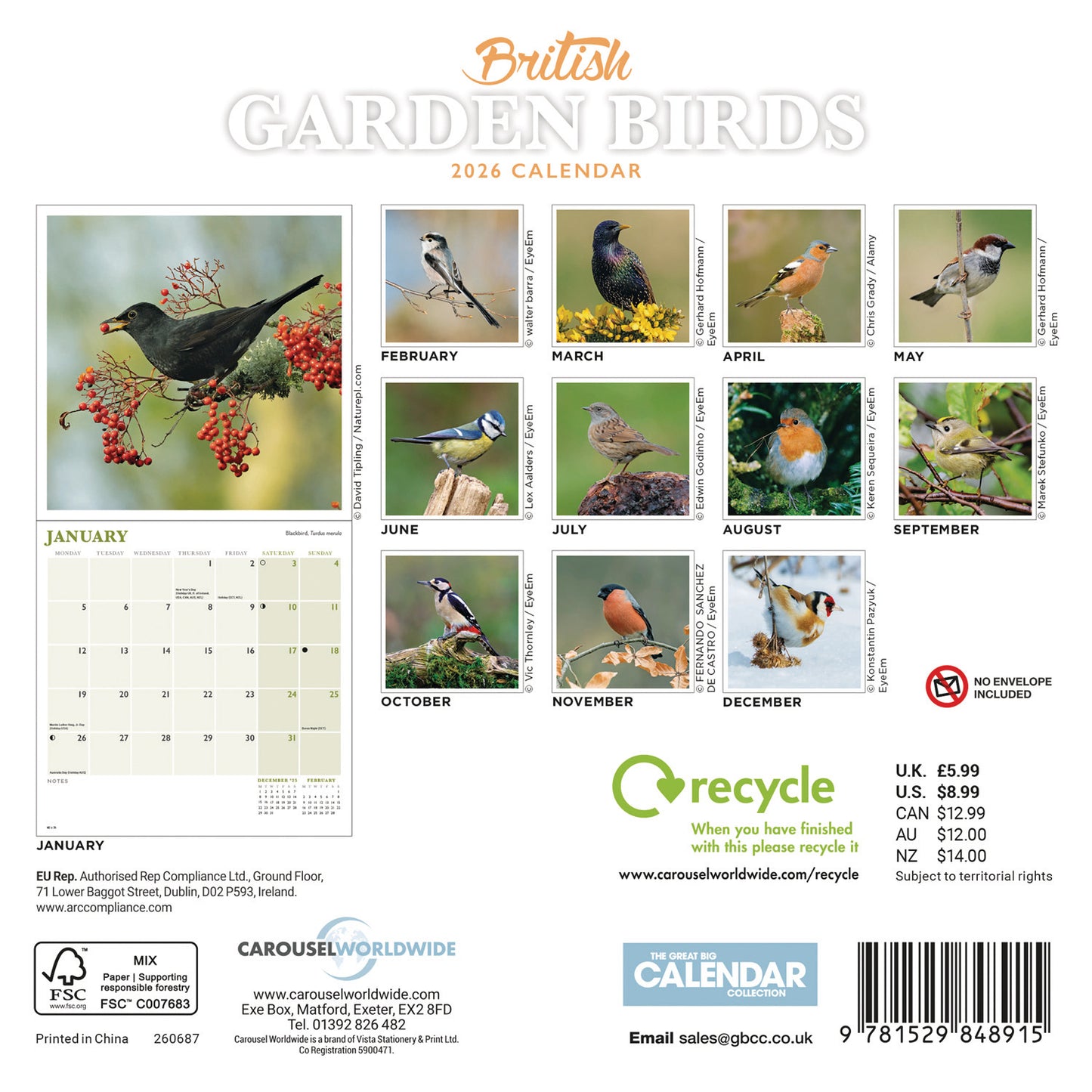 British Garden Birds Mini Calendar 2026
