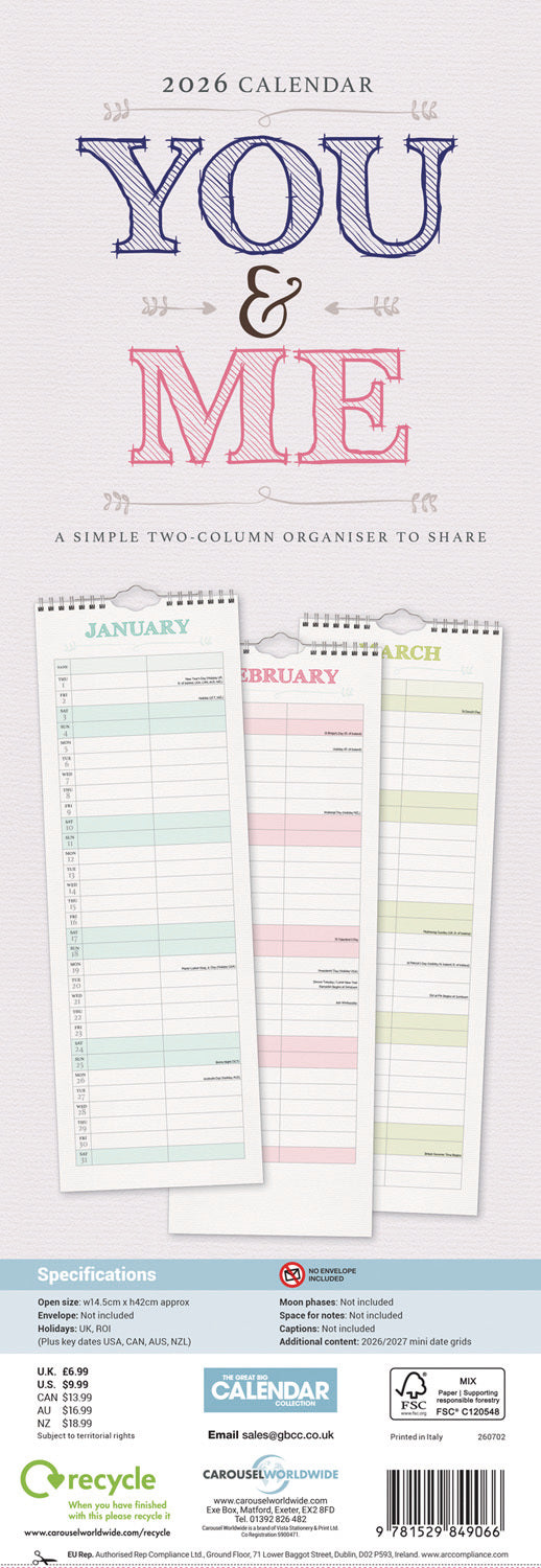 You and Me Planner Slim Calendar 2026
