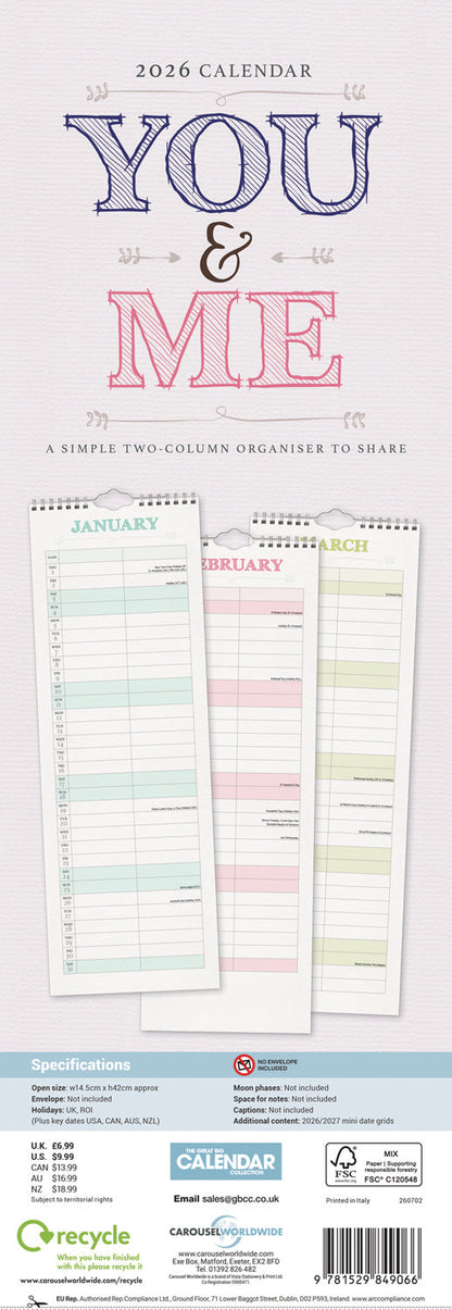You and Me Planner Slim Calendar 2026