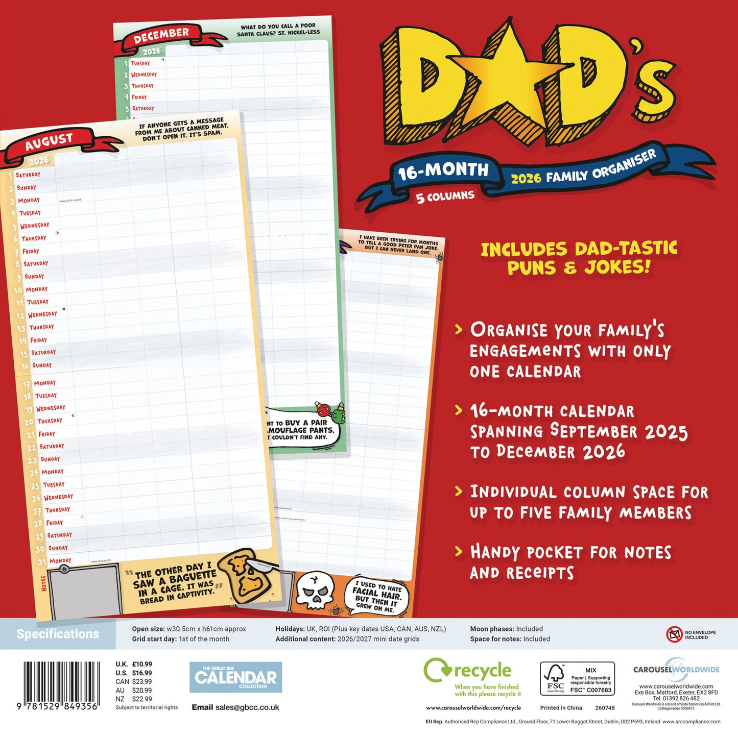 Dads Family Organiser Planner Wall Calendar 2026