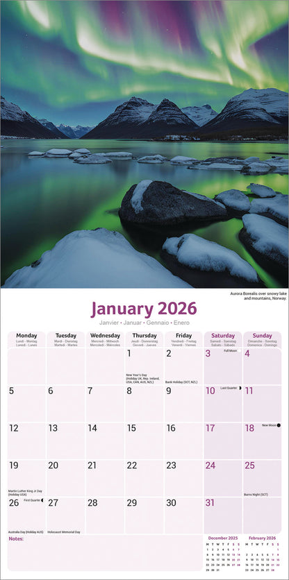 Northern Lights Sunday Start Wall Calendar 2026