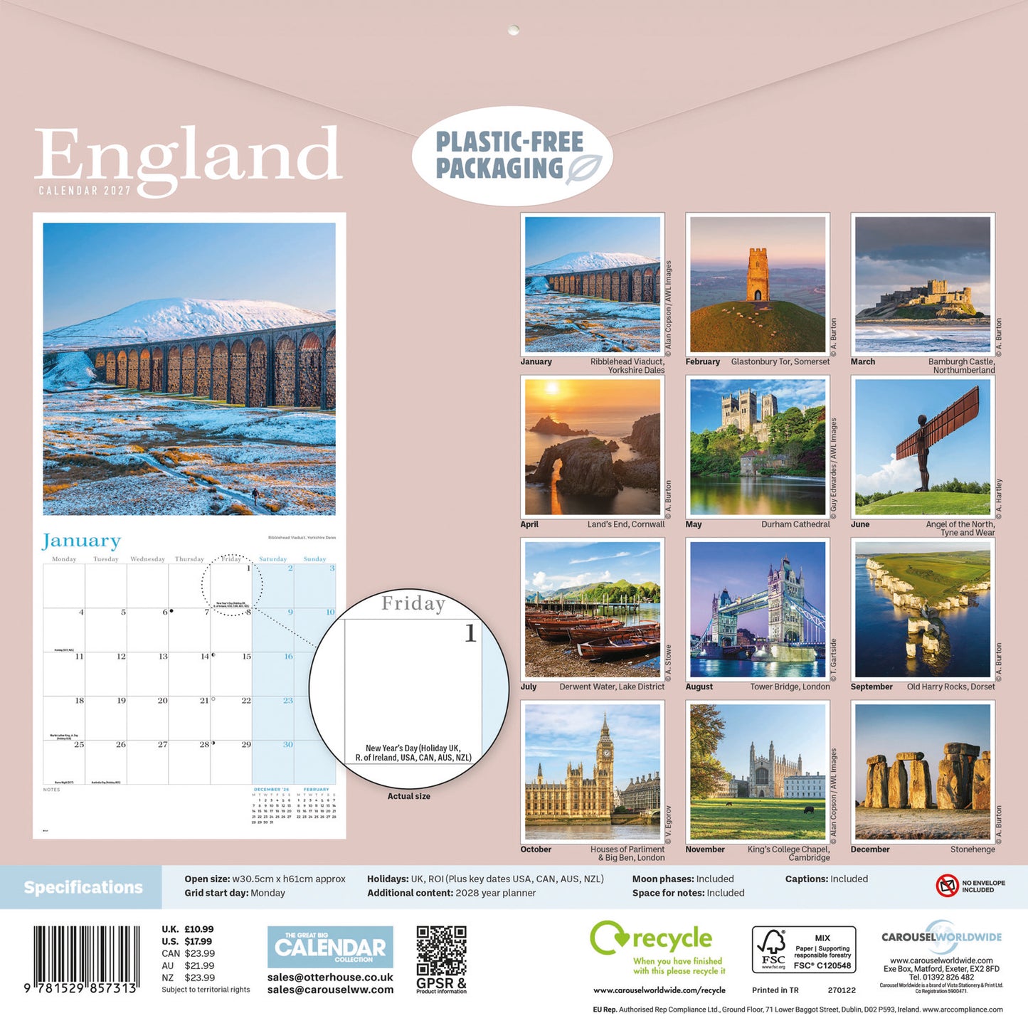 England Wall Calendar 2027