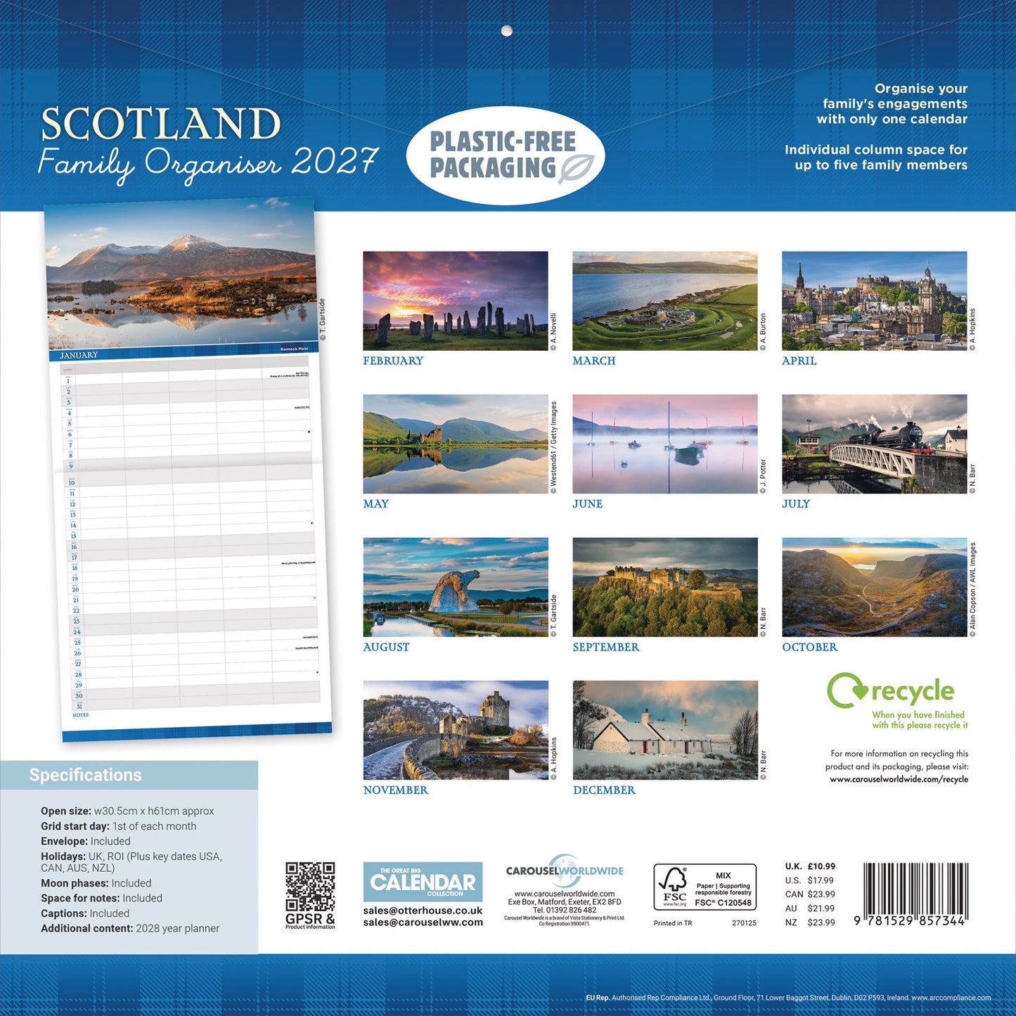 Scotland Family Organise Planner Wall Calendar 2027