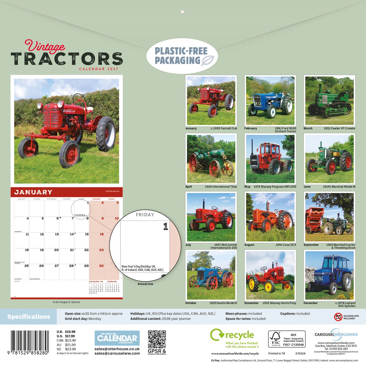 Vintage Tractors Wall Calendar 2027