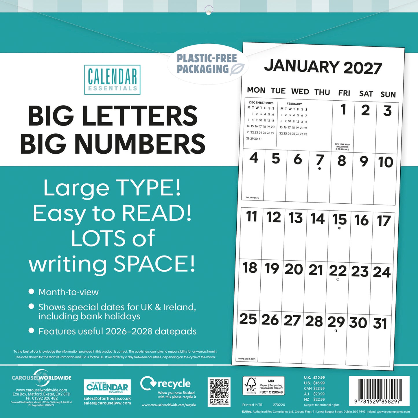 Essential Big Letters Big Numbers Wall Calendar 2027