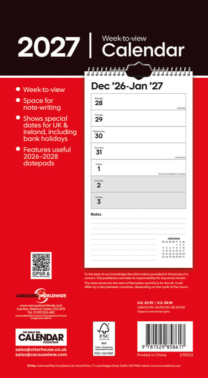 Essential Week-To-View Stubby Slim Calendar 2027