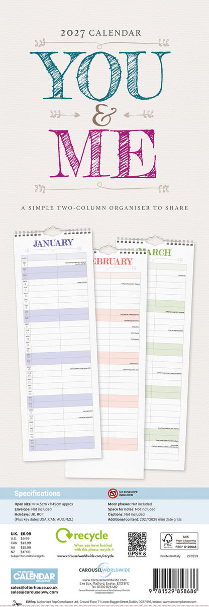 You and Me Planner Slim Calendar 2027