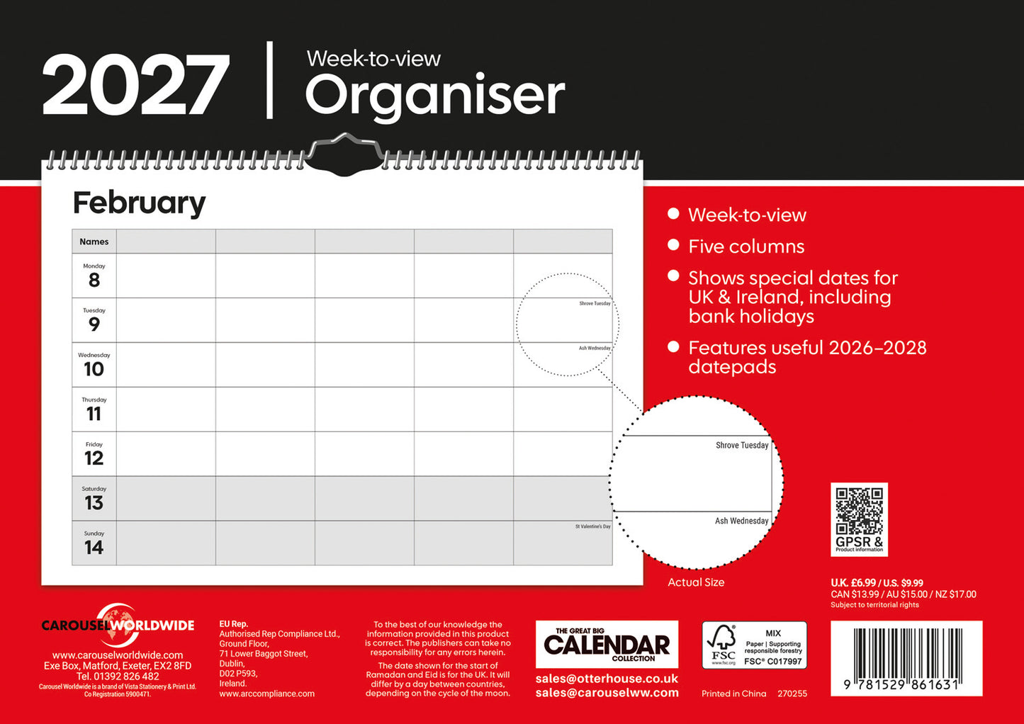 Essential Family Organiser Week-To-View Planner A4 Calendar 2027