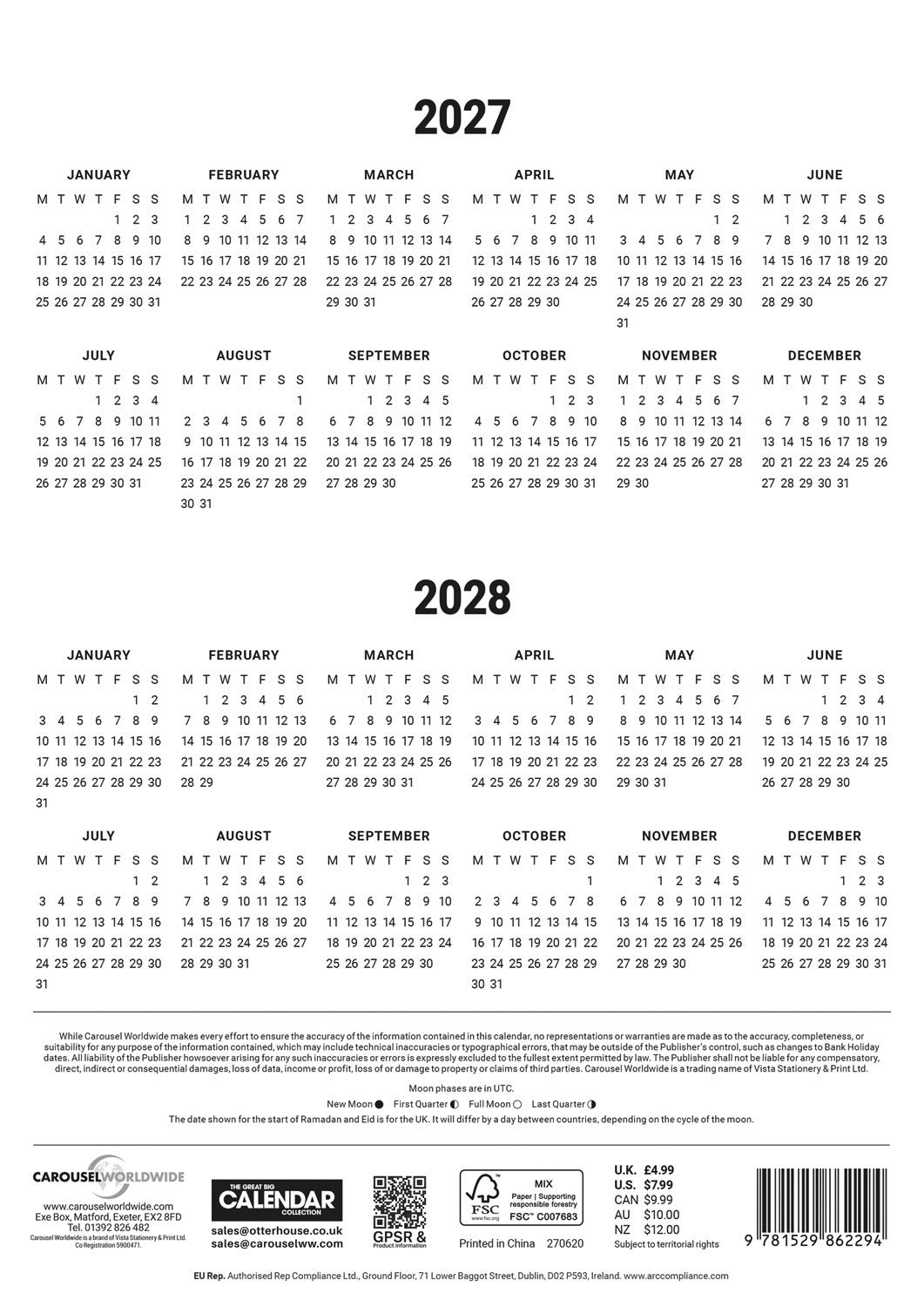 Red & Black Monthly Engagement A4 Calendar 2027