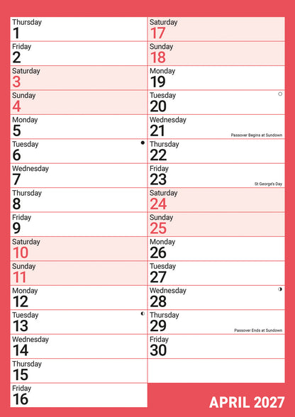 Red & Black Monthly Engagement A4 Calendar 2027