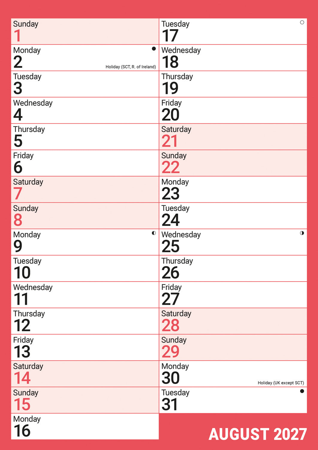Red & Black Monthly Engagement A4 Calendar 2027