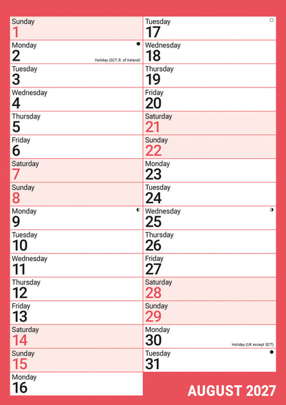 Red & Black Monthly Engagement A4 Calendar 2027