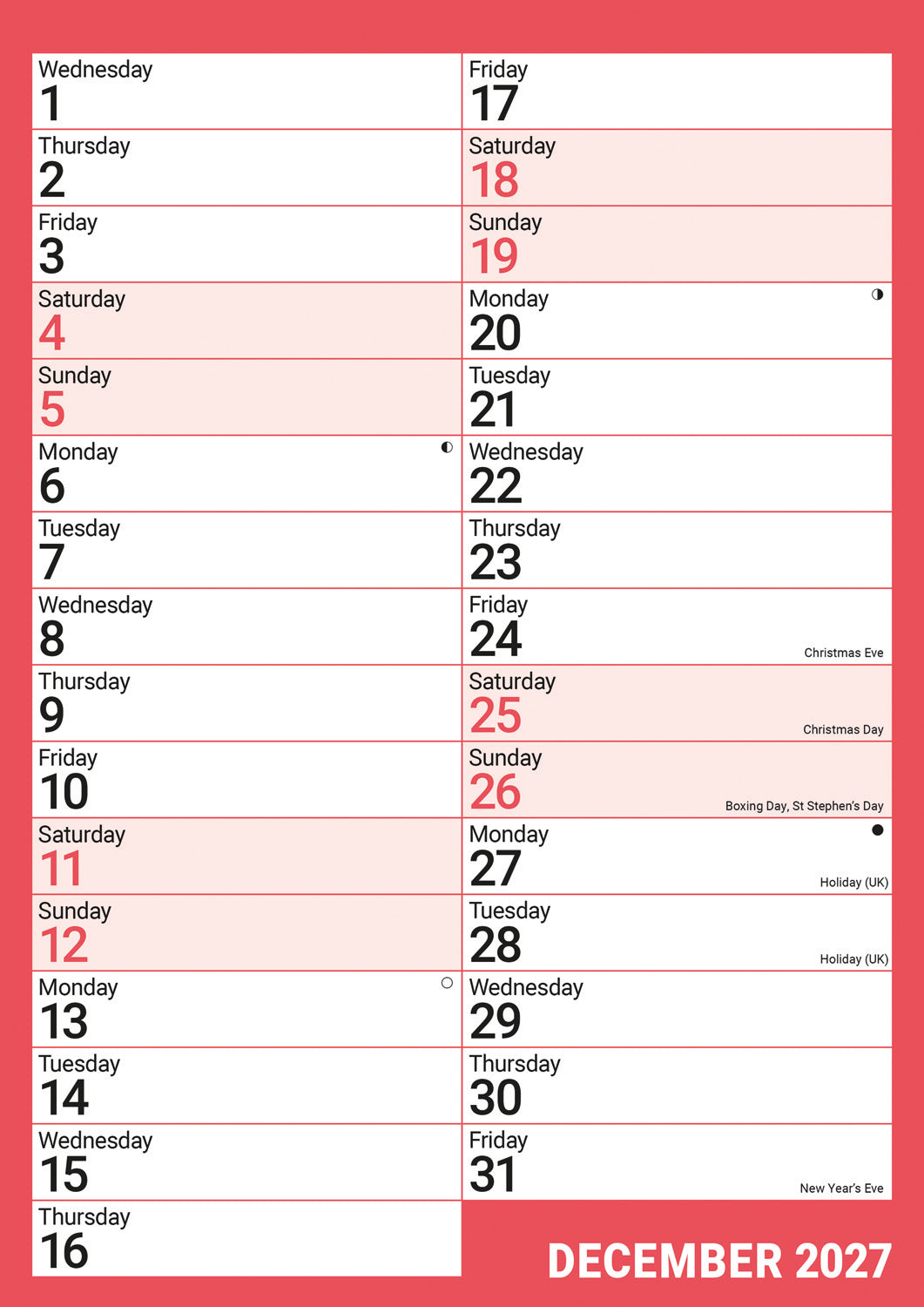 Red & Black Monthly Engagement A4 Calendar 2027