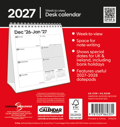 Essential Week-To-View Easel Calendar 2027
