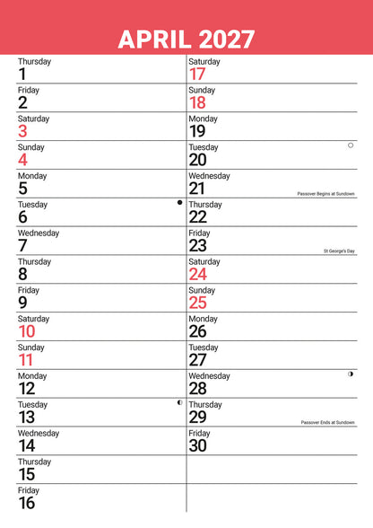 Red & Black Large Engagement Planner A3 Calendar 2027