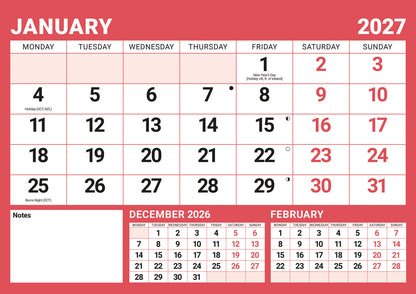 Red & Black Large Boldtype A4 Calendar 2027