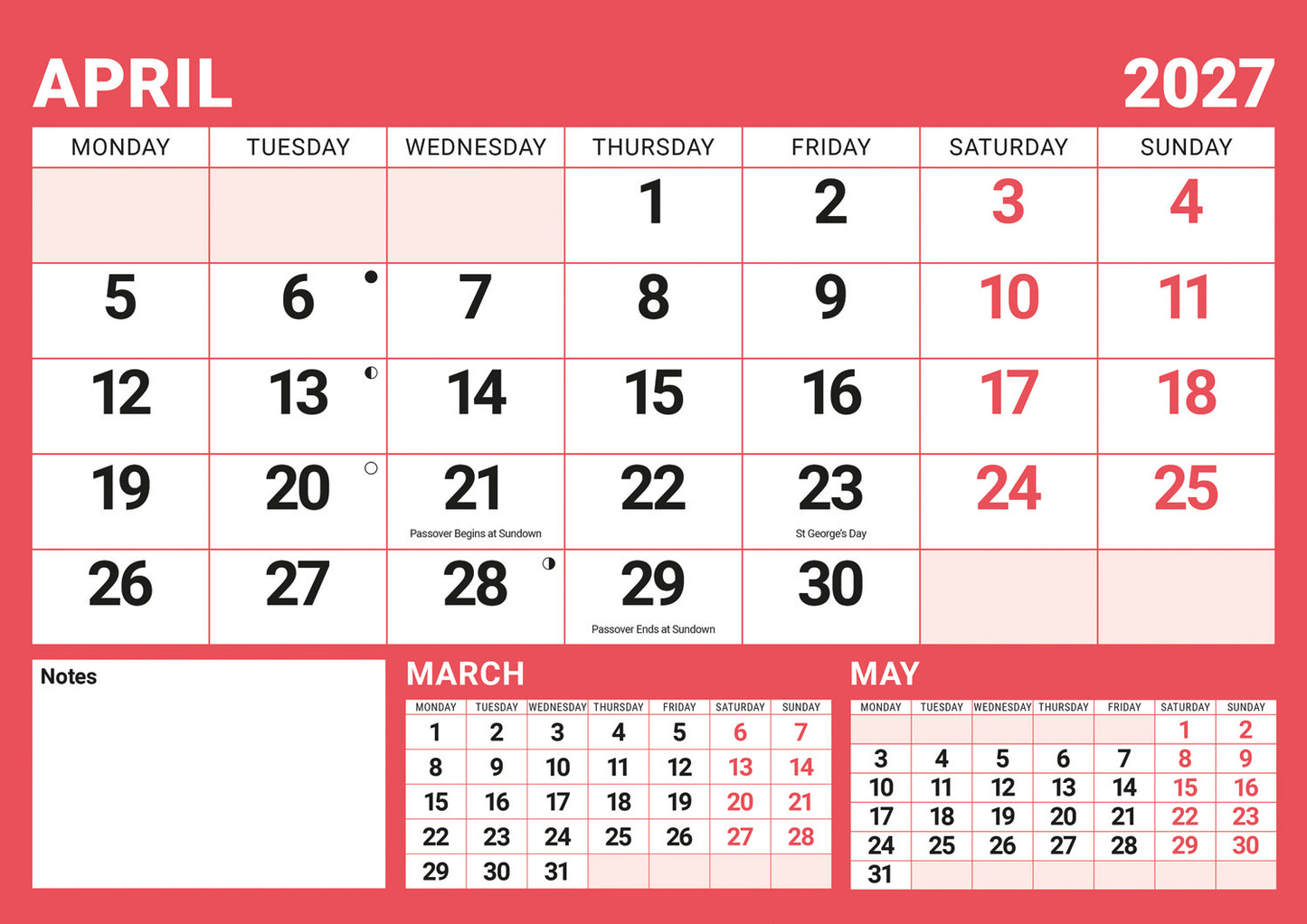 Red & Black Large Boldtype A4 Calendar 2027