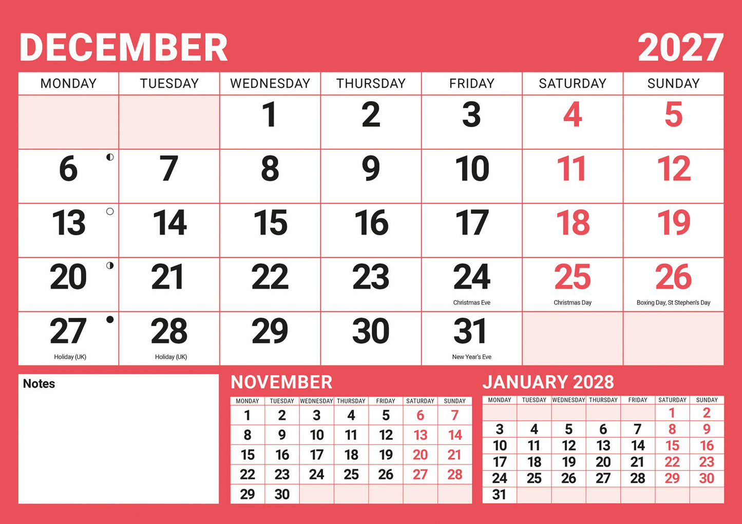 Red & Black Large Boldtype A4 Calendar 2027