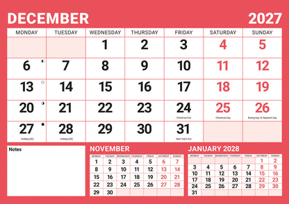 Red & Black Large Boldtype A4 Calendar 2027