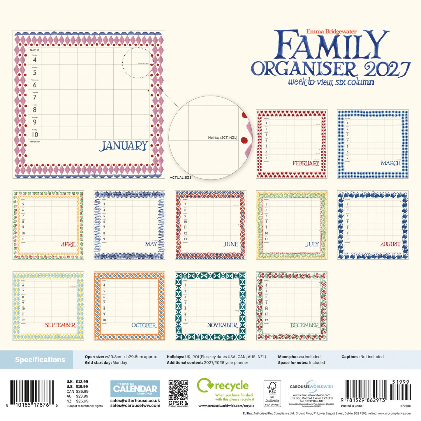 Emma Bridgewater Sponged WT Planner Wall Calendar 2027