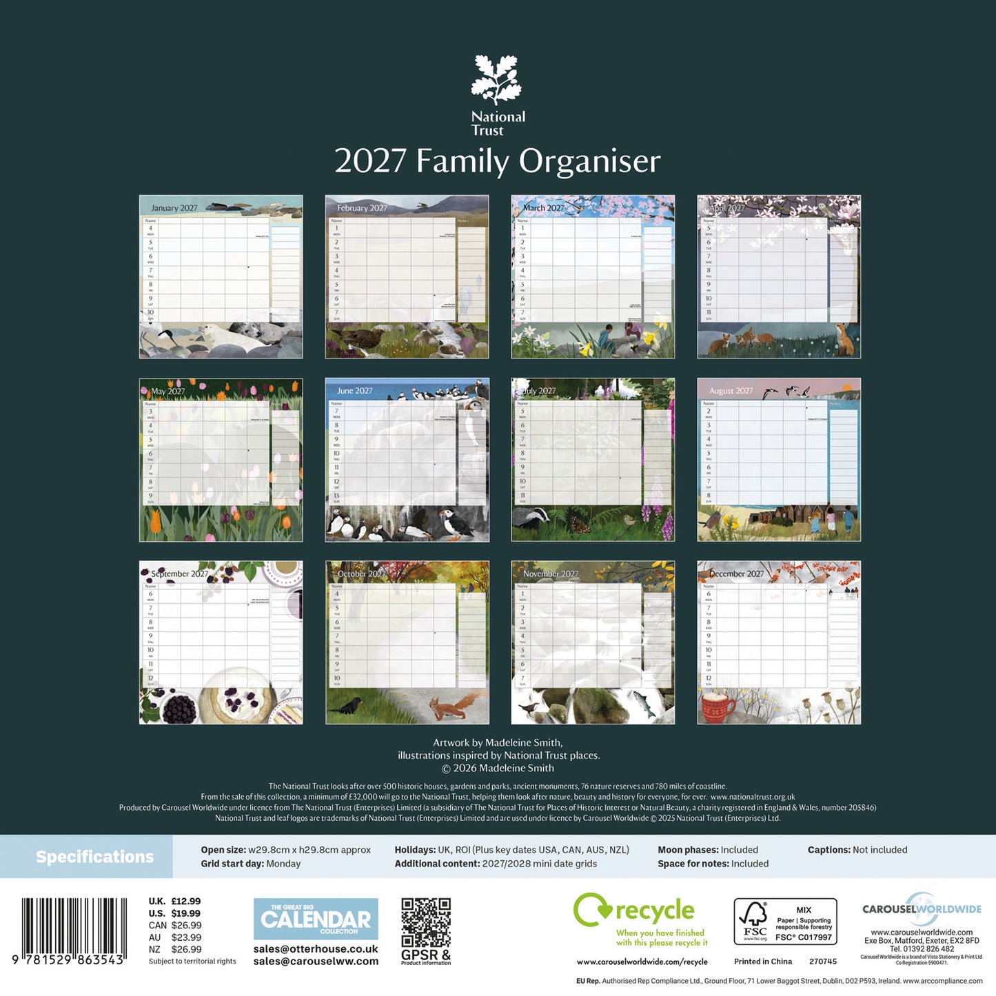 National Trust WT Planner Wall Calendar 2027