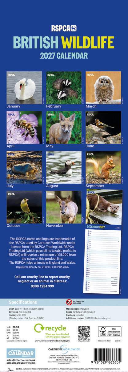 British Wildlife RSPCA Slim Calendar 2027