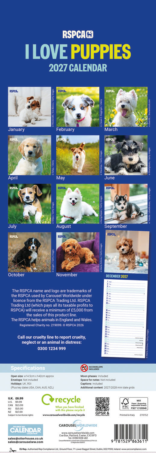 Puppies, I Love RSPCA Slim Calendar 2027