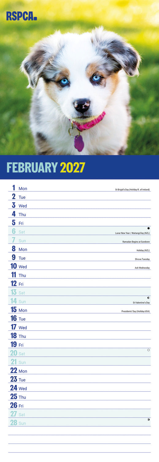 Puppies, I Love RSPCA Slim Calendar 2027