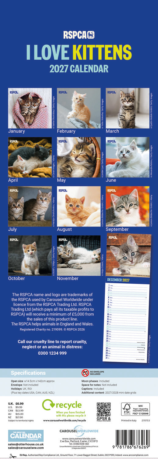 Kittens, I Love RSPCA Slim Calendar 2027