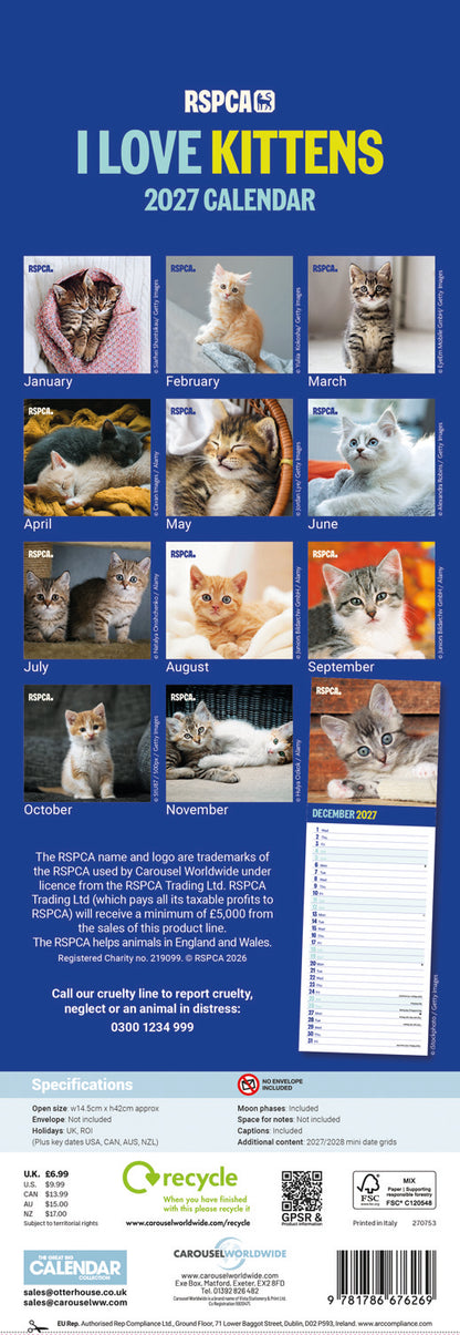 Kittens, I Love RSPCA Slim Calendar 2027