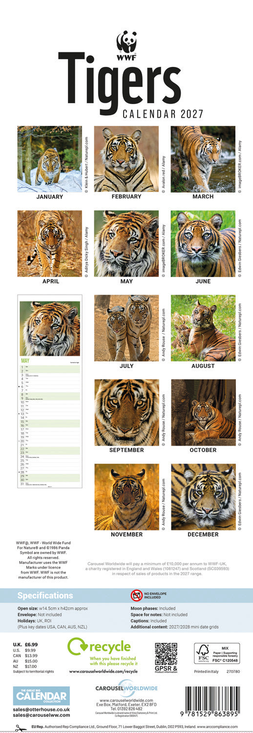 Tigers WWF Slim Calendar 2027