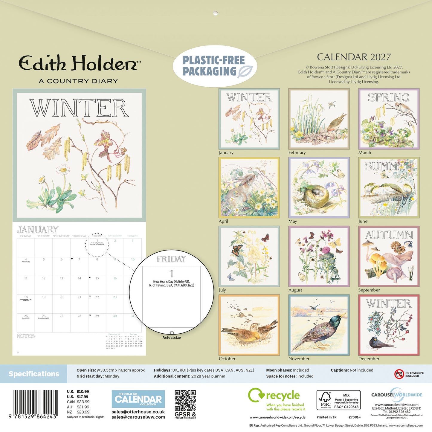 Country Diary, Edith Holden Wall Calendar 2027