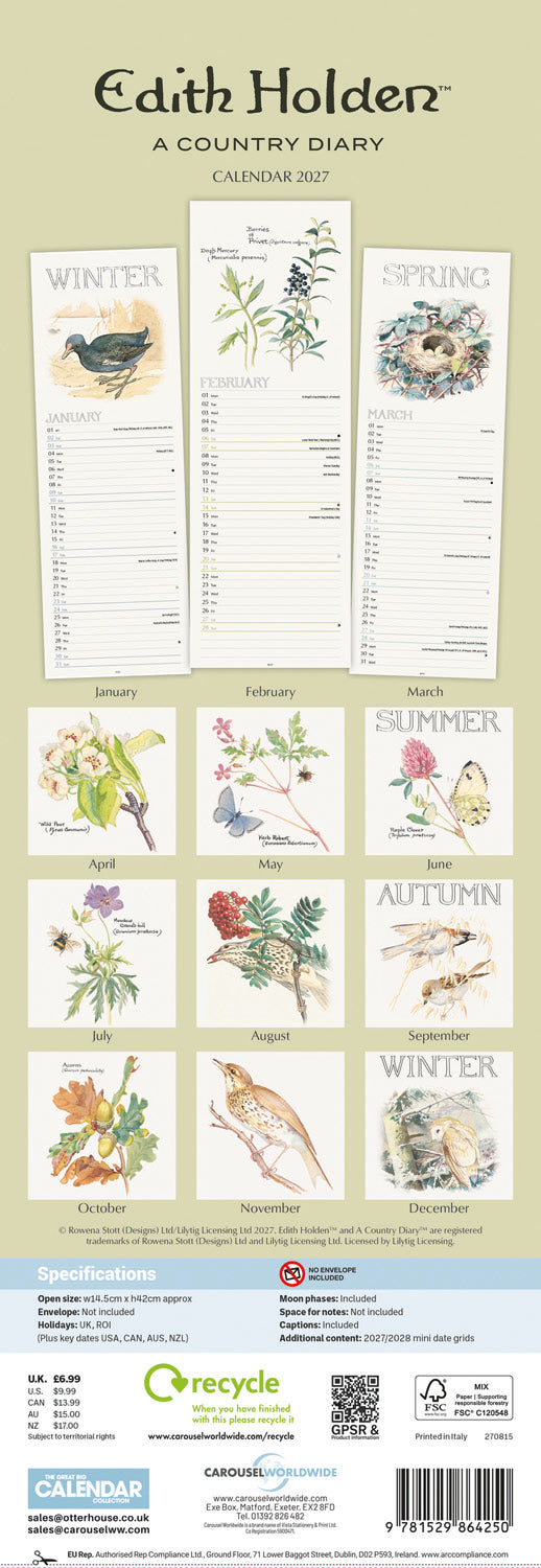 Country Diary, Edith Holden Slim Calendar 2027