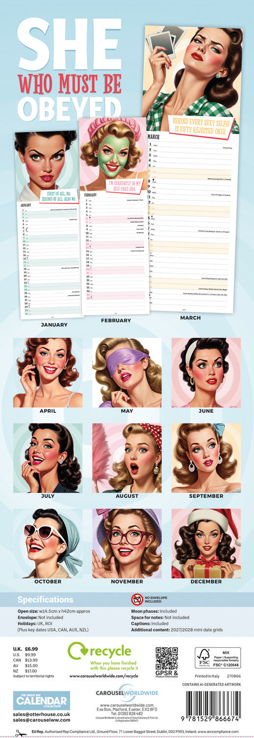 She Who Must Be Obeyed Slim Calendar 2027