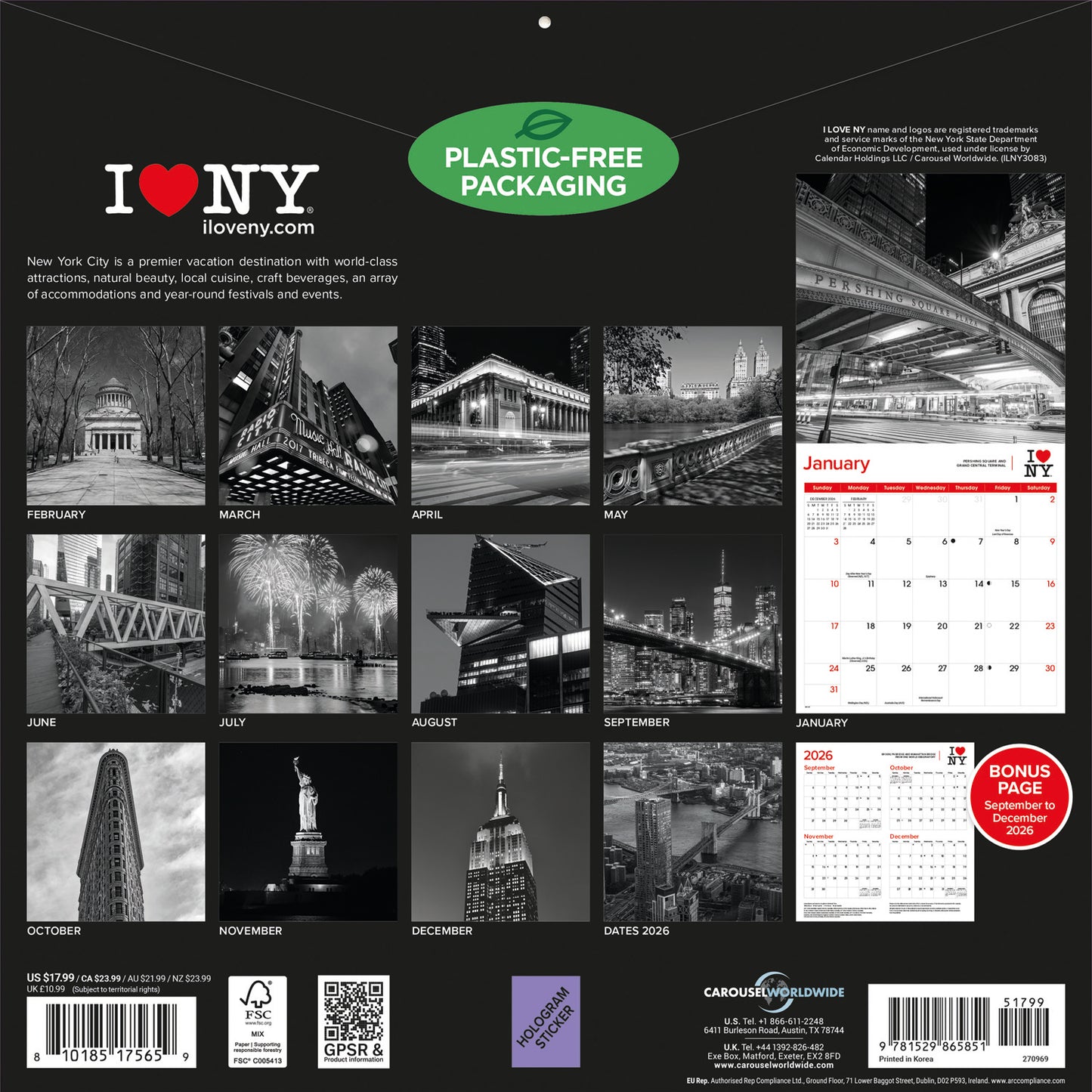 I Love NY, B&W City Wall Calendar 2027