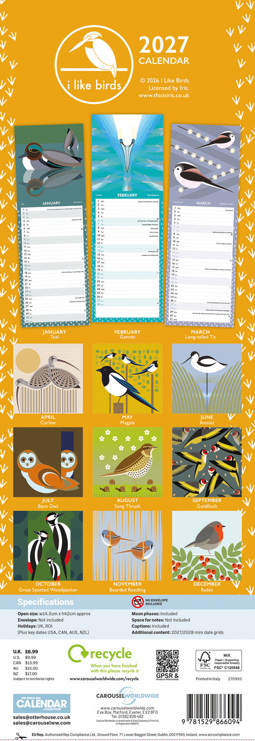 I Like Birds Slim Calendar 2027