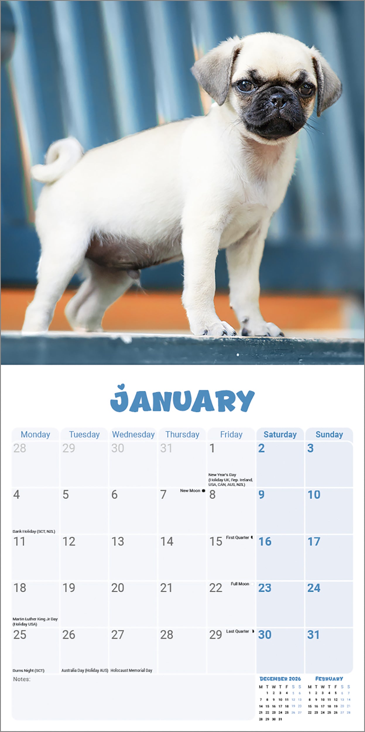 Pug Puppies Mini Calendar 2027