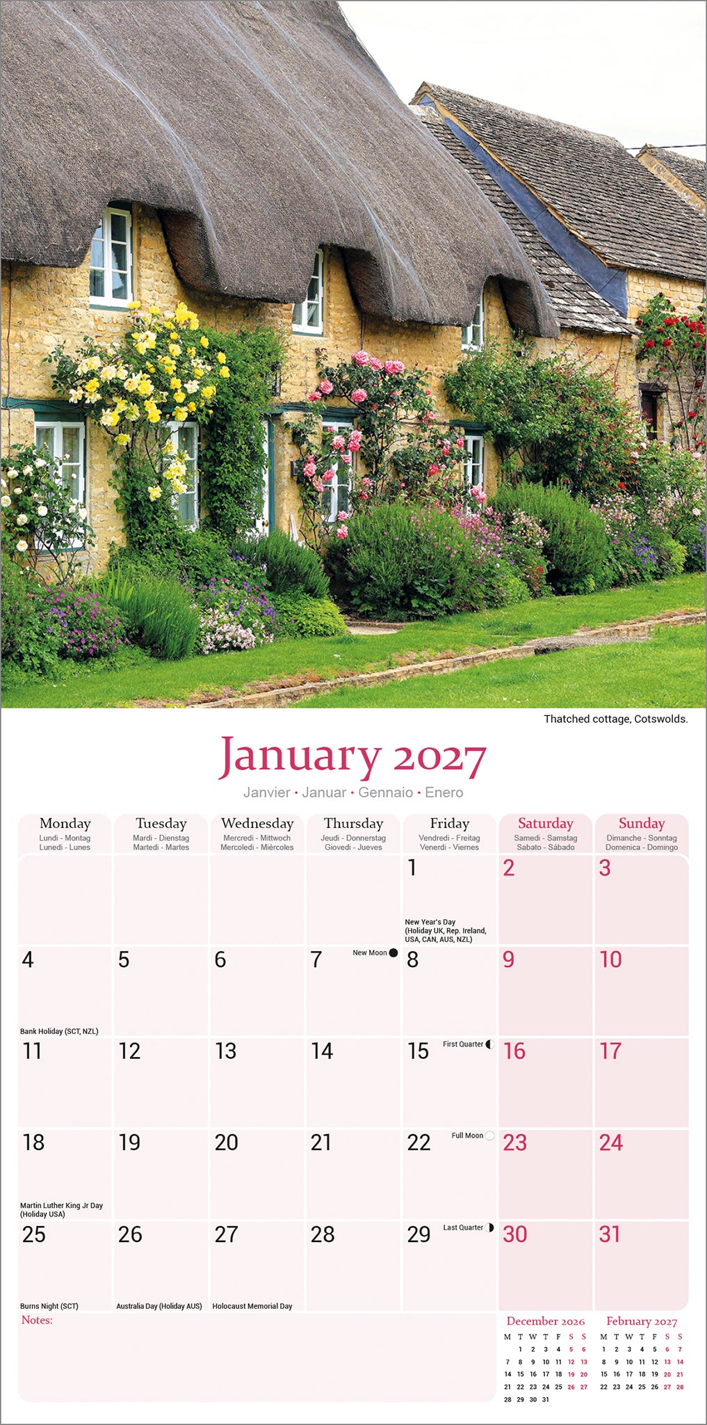 English Cottage Gardens Wall Calendar 2027