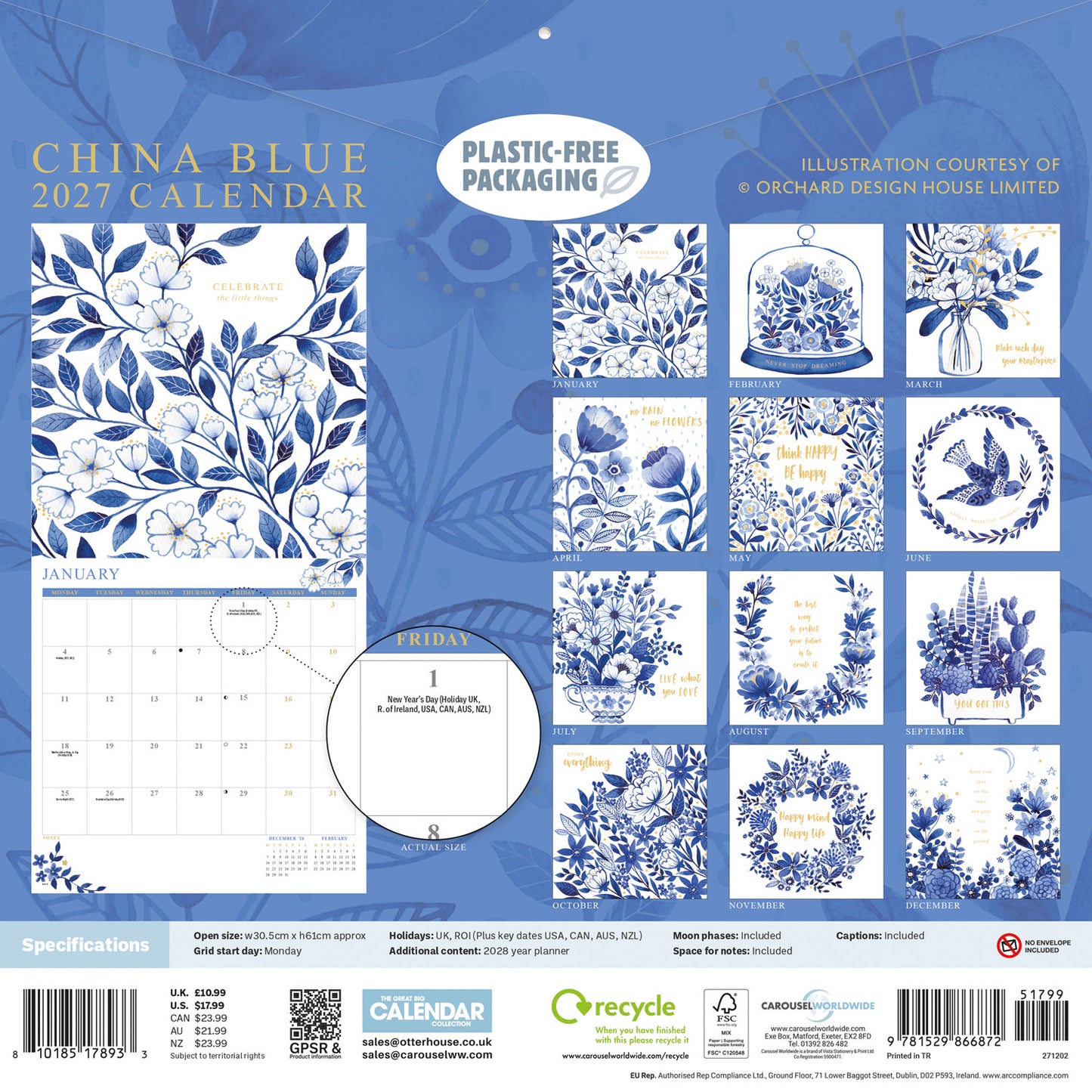 China Blue, Orchard Design Wall Calendar 2027