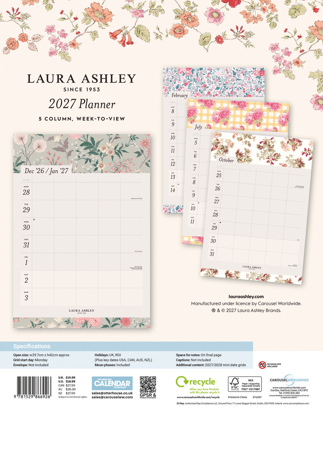 Laura Ashley Week-To-View Planner A3 Calendar 2027