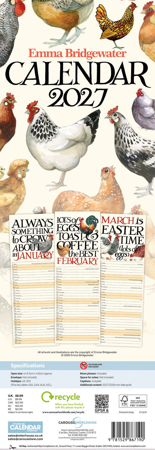 Emma Bridgewater, Chickens & Hens Slim Calendar 2027