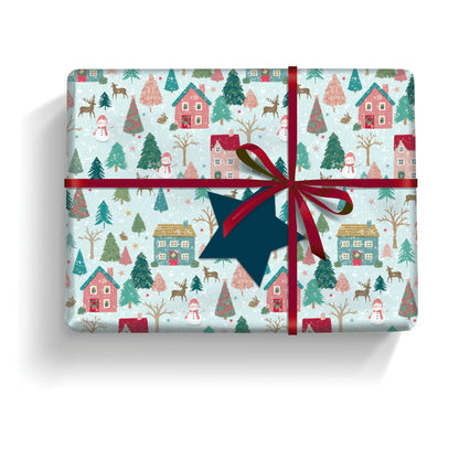 Christmas Wrap & Tags - Woodland Village (5 Sheets & 5 Tags)