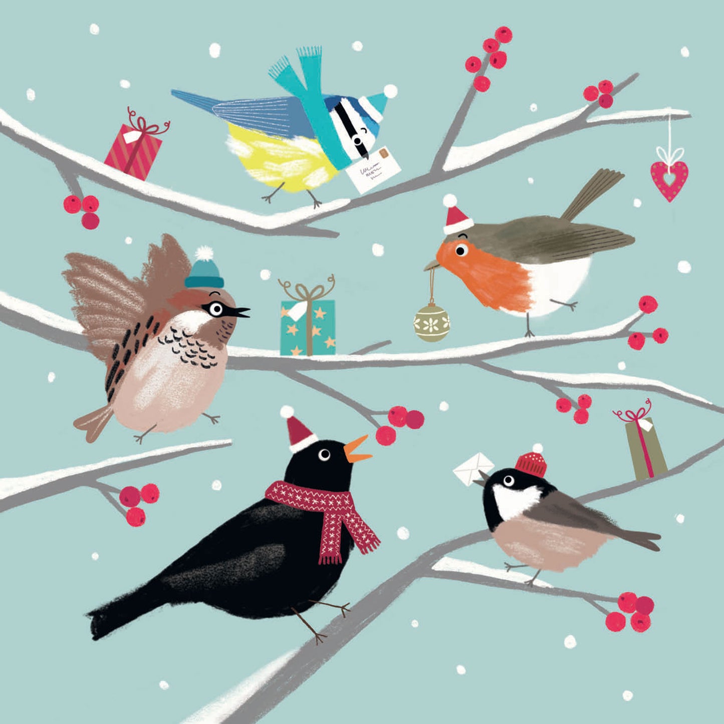 RSPB Small Square Christmas Cards (10 Cards) - Cheery Festive Birds