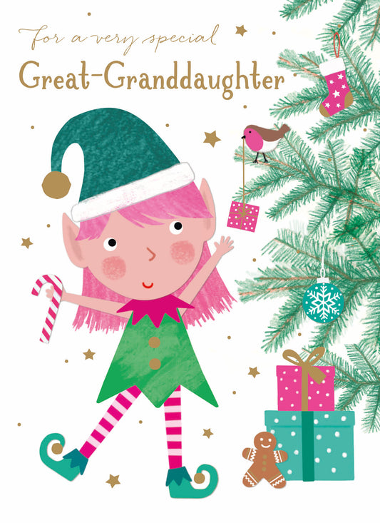 Christmas Card (Single) - Great Granddaughter - Elf With Pink Hair