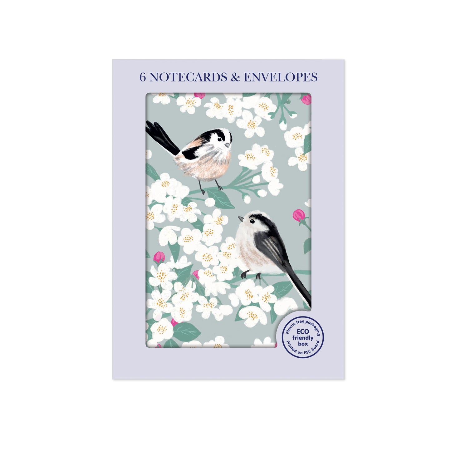Mini Notecard Pack (6 Cards) - RSPB White Blossom - Long-Tailed Tits & Apple Blossom