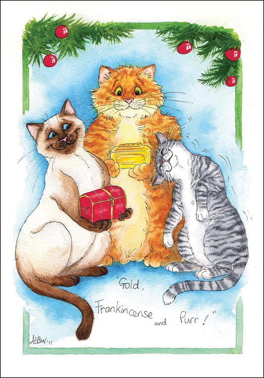 Christmas Cards (Single) - Alisons Animals - Gold Frankincense and Purr